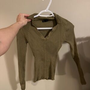 Dynamite Olive Ribbed Collared V-Neck Sweater